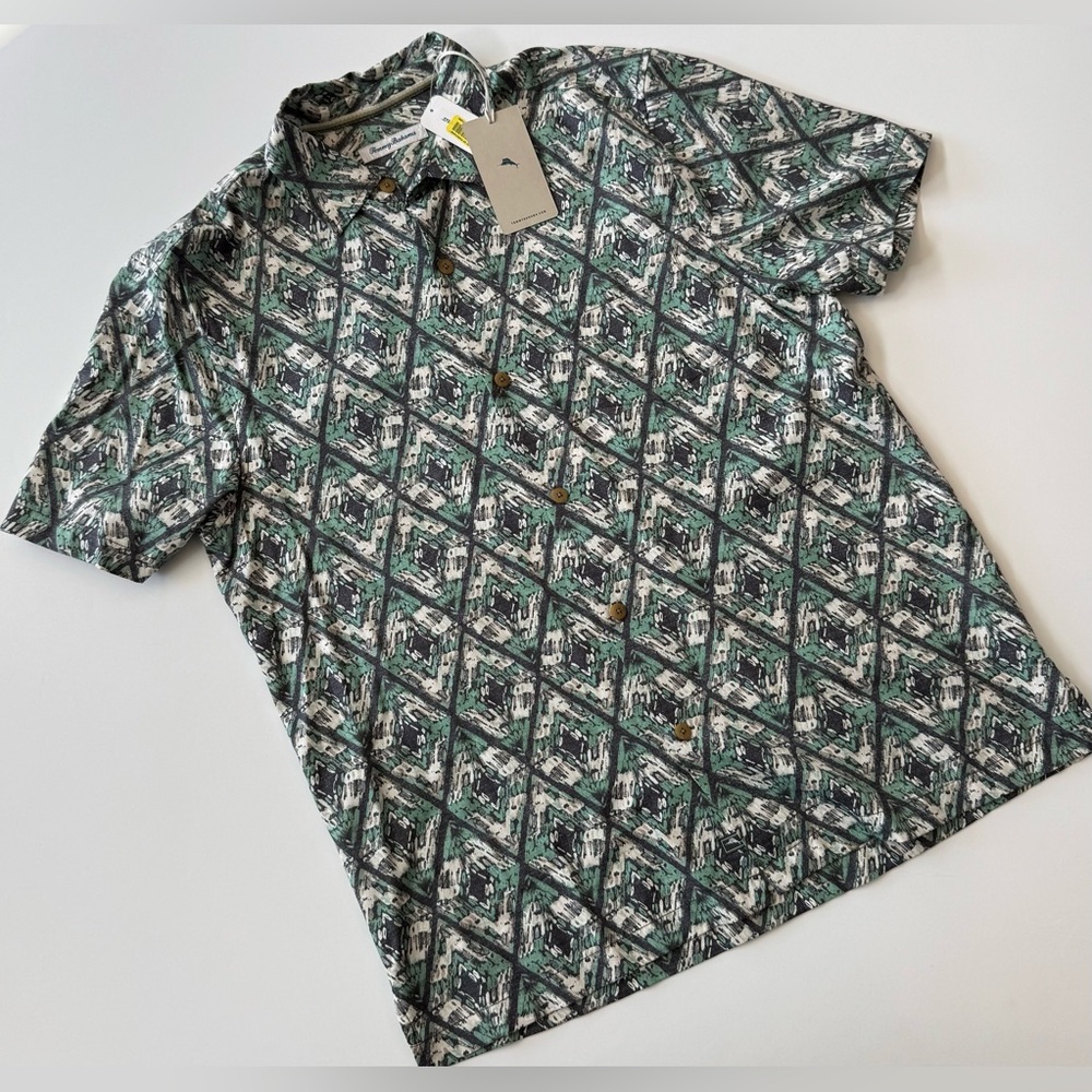 NWT Tommy Bahama Men’s L Silk Blend Camp Shirt Deep Water Diamond Green Black